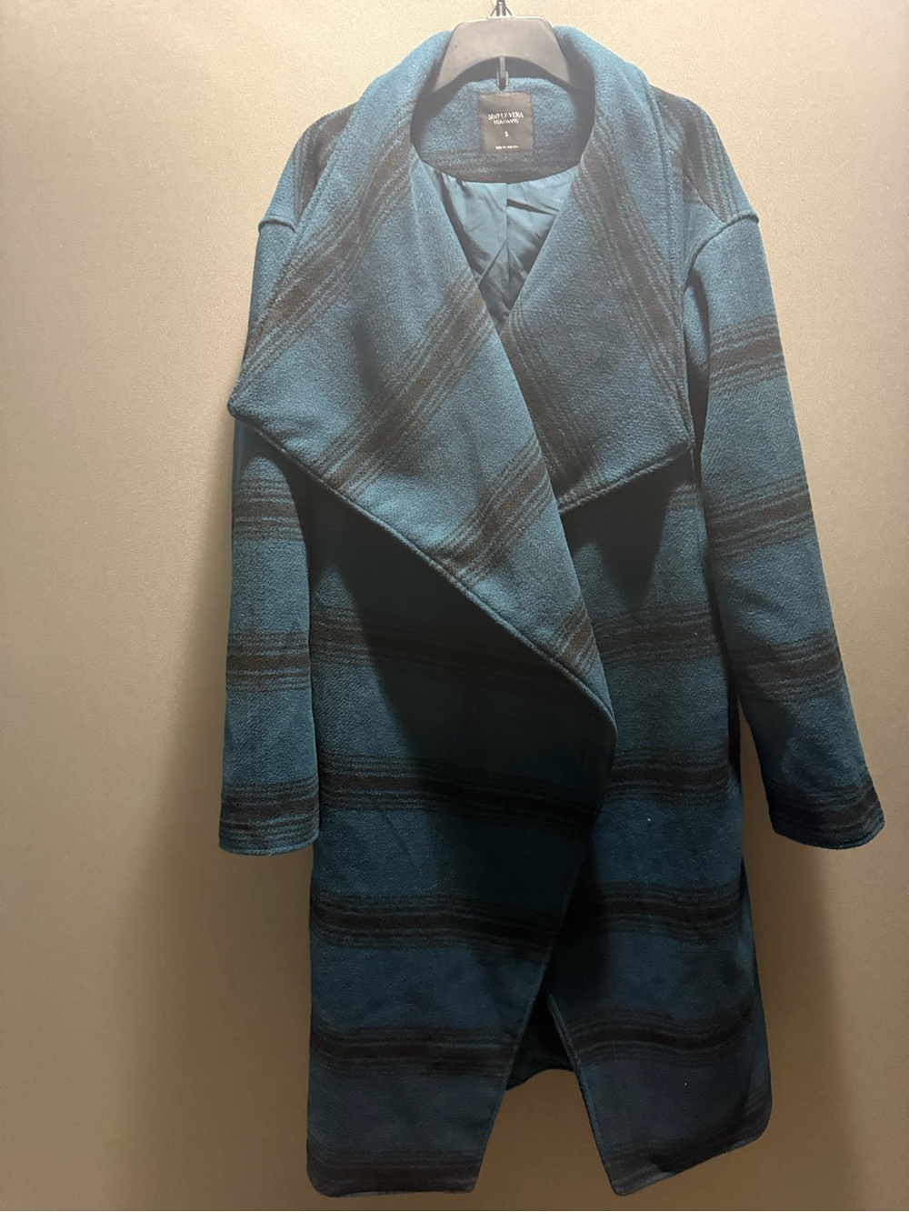 Simply Vera Women's Teal Striped Draped Open Front Over Coat